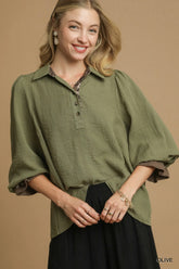 Umgee Half Button Blouse with Leopard Print Trim Olive OutfitFlow